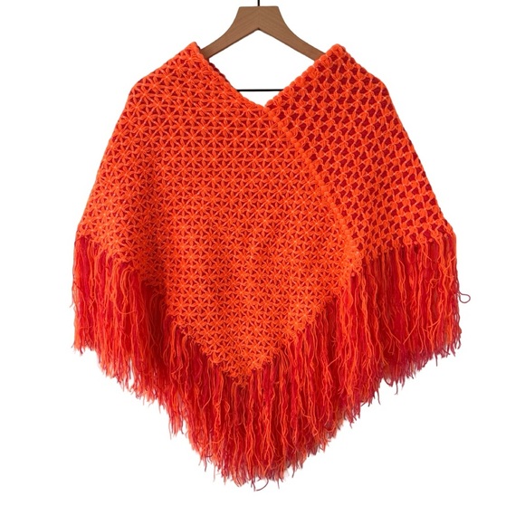 Handmade Crochet Fringe Poncho Orange Pink Boho Retro Fall Layering - Picture 7 of 8